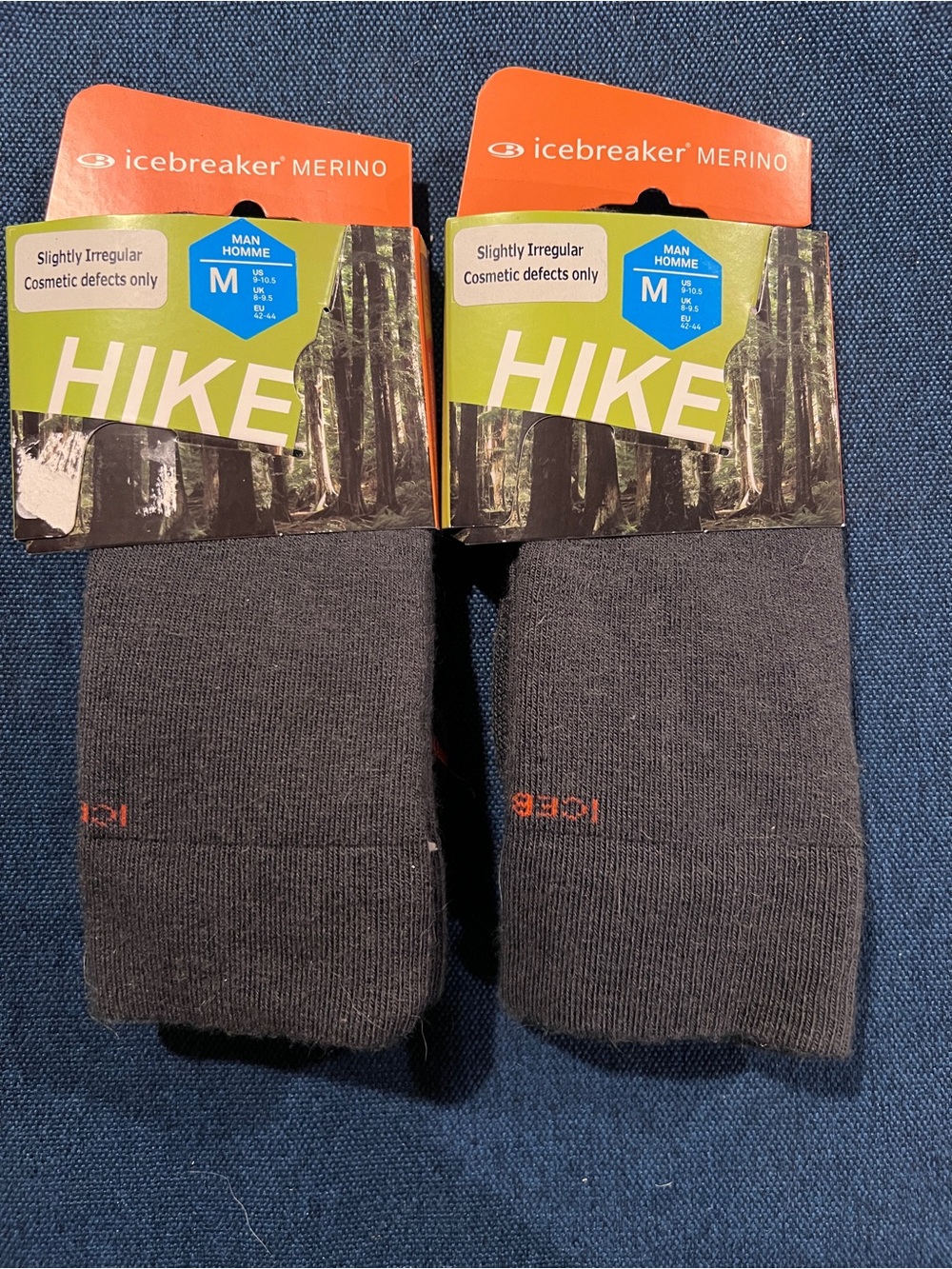 2 pairs of Icebreaker Men’s Hike Merino Crew Socks - Dark Gray with Orange Logo